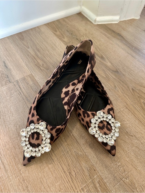 Zara Shoes - Zara Leopard Print Pointed Flats with Crystal Circle Buckles